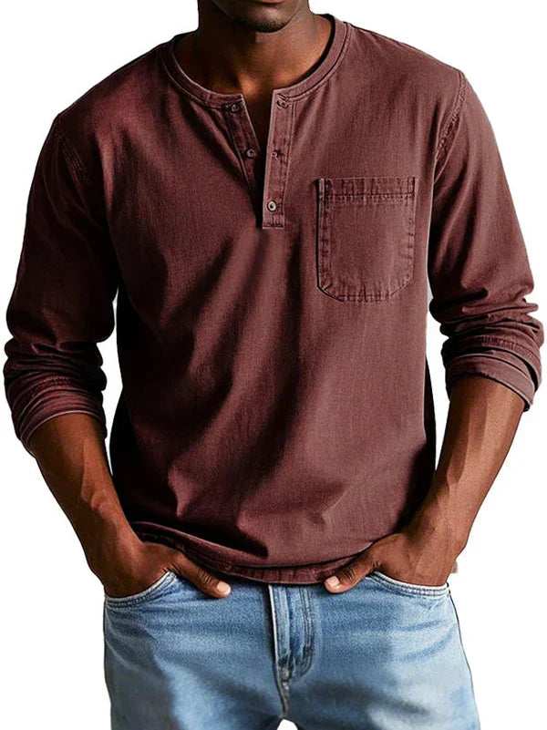 Men's Henley Shirt Long Sleeve Casual Cotton Top Everyday Wear