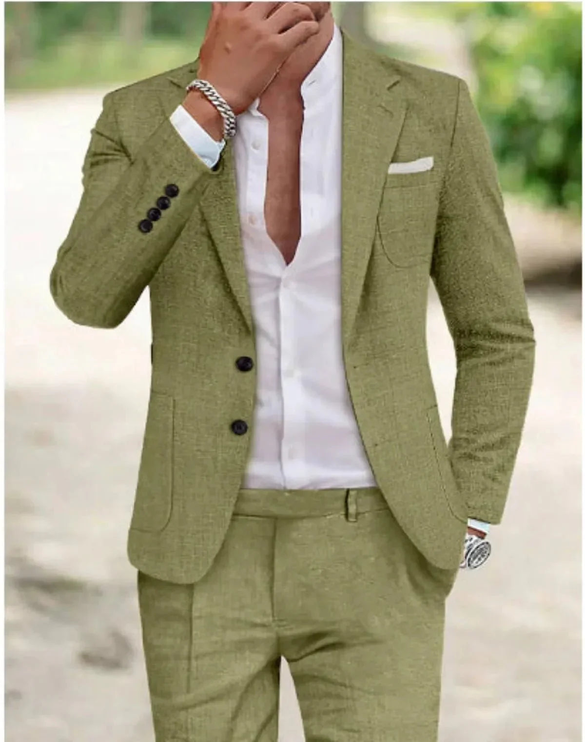 Men's Linen Wedding Suit 2 Button Lightweight Summer Formal Set