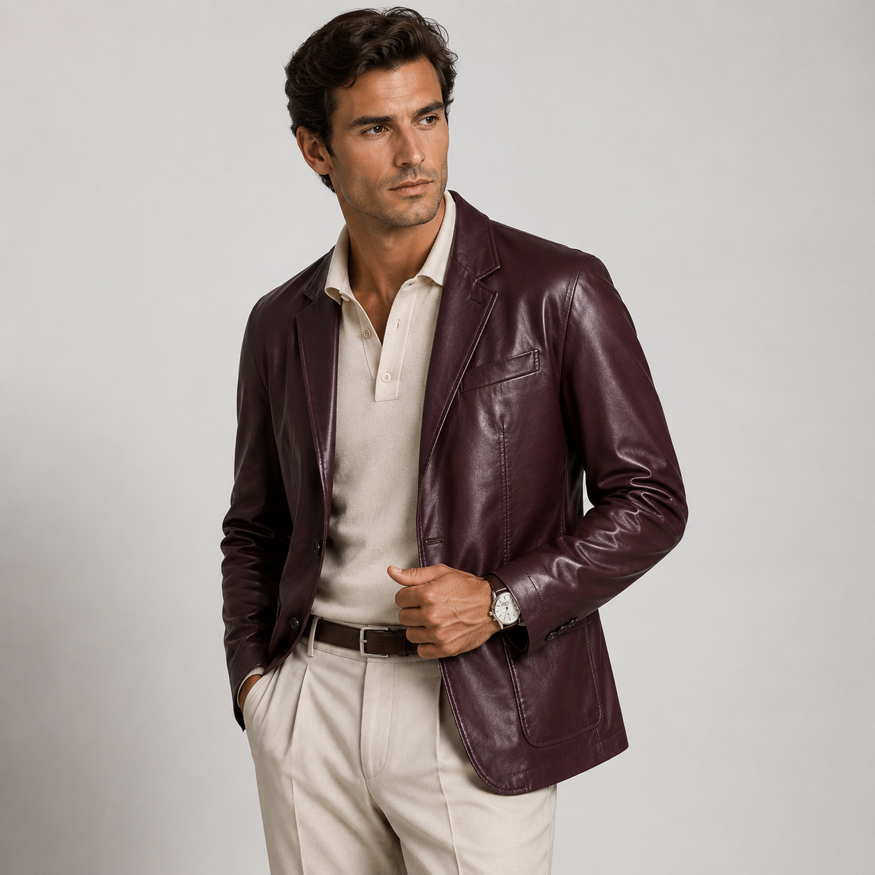 Men's Leather Look Jacket Black Synthetic Leather Classic Tailored Smart Casual