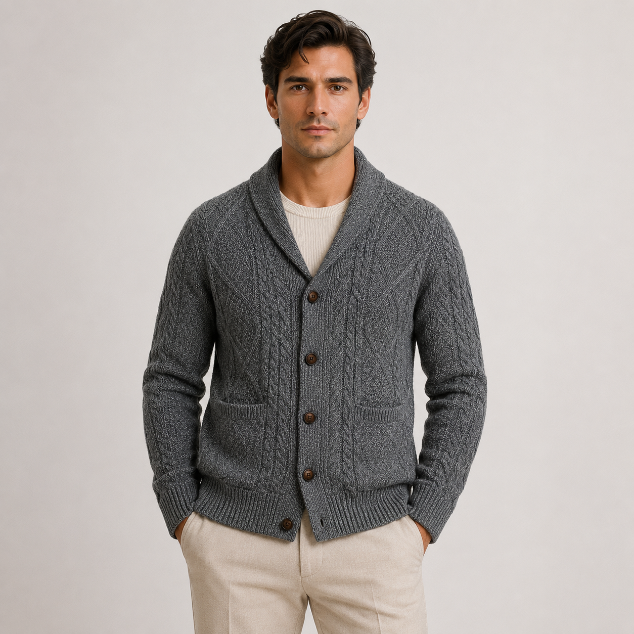 Men's Shawl Collar Cardigan Black Soft Knit Cable Knit Sweater