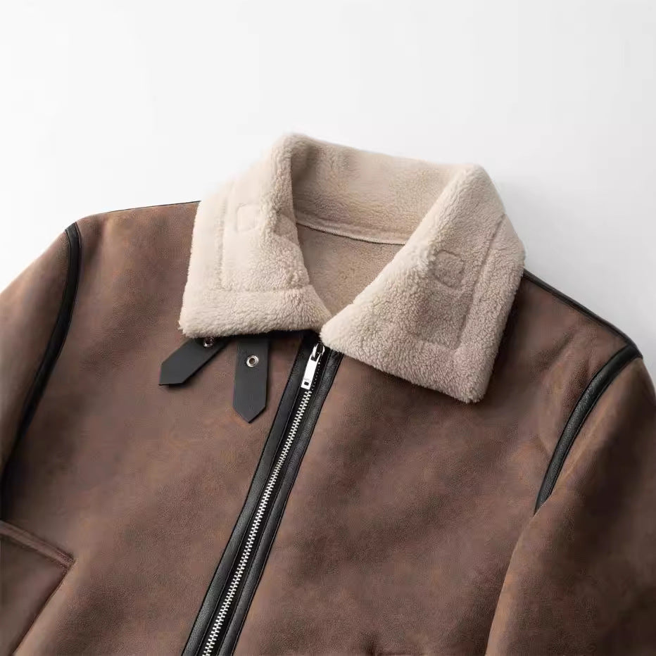 Men's Shearling Jacket Nordic Warm Winter Coat Faux Fur Lined