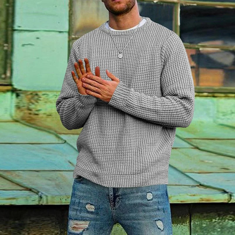 Men's Waffle Knit Pullover Crew Neck Casual Sweater