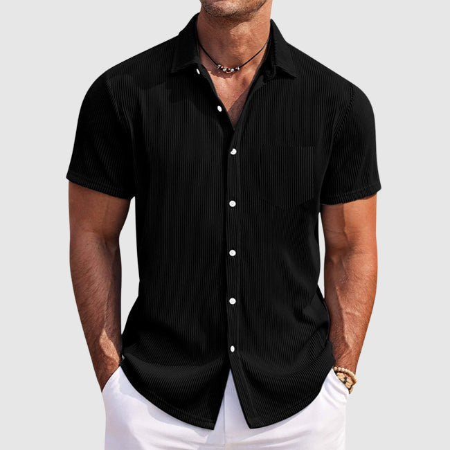 Men's Ribbed Camp Collar Shirt Casual Short Sleeve Textured Cotton