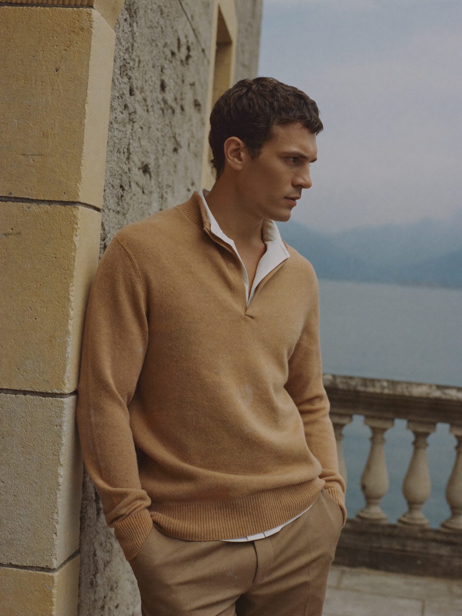 Man in a camel cashmere sweater