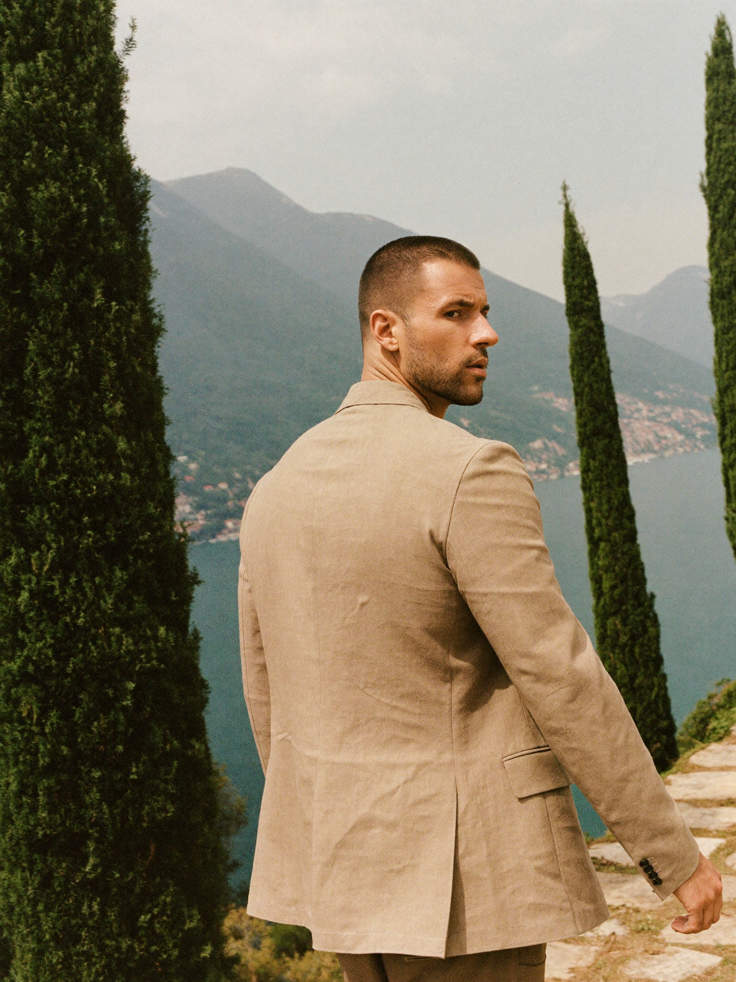 Man in a taupe wool overcoat