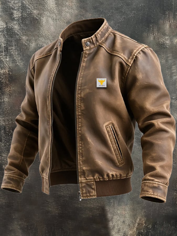 Men's Brown Aged Leather Jacket Classic Cut Vintage