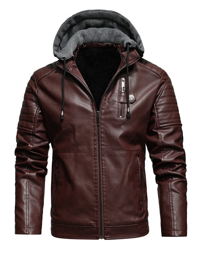 Men's Hooded Leather Effect Jacket Lined Zip-Up