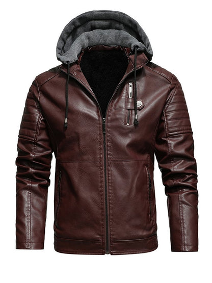 Men's Hooded Leather Effect Jacket Lined Zip-Up