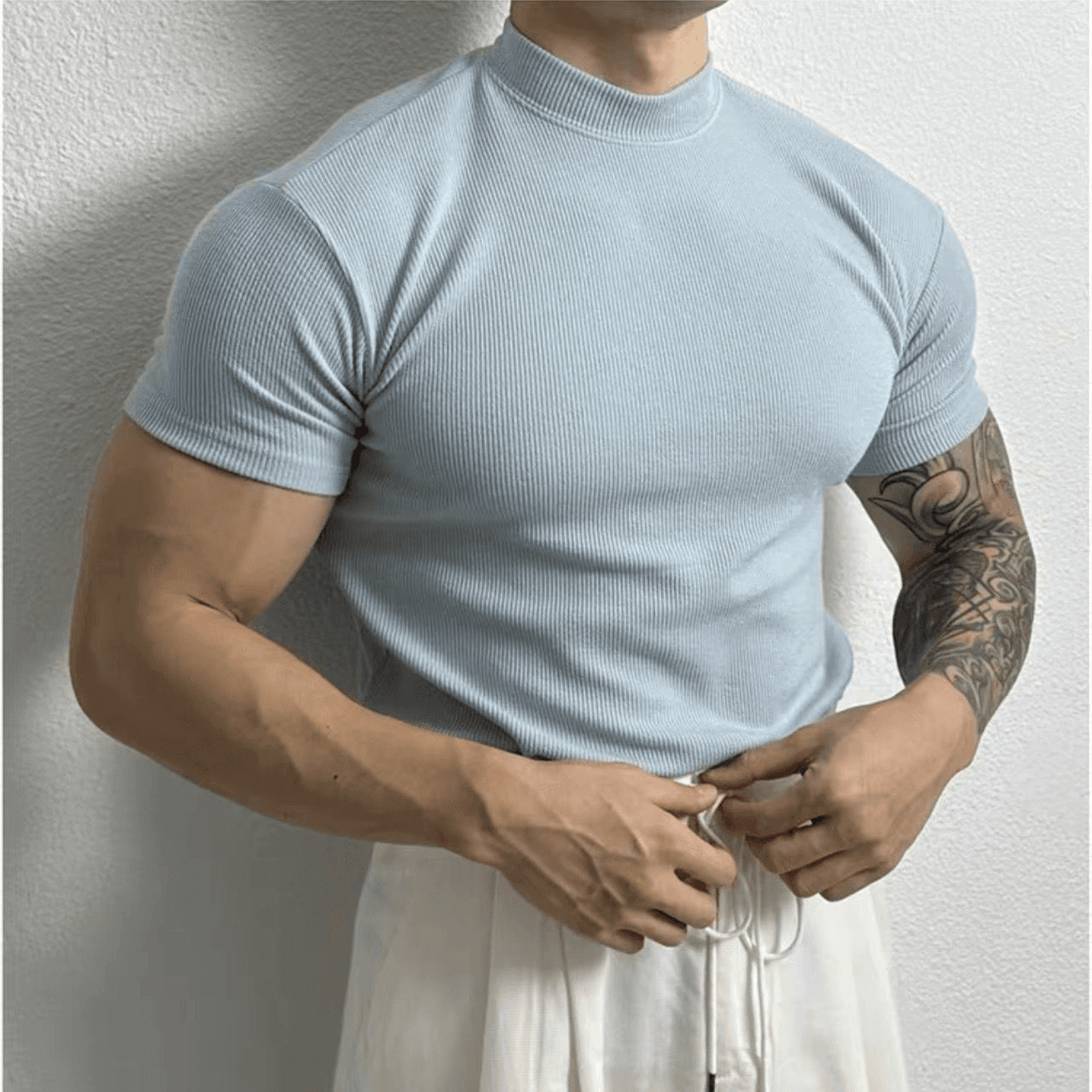 Men's Fitted Ribbed Knit Top Slim Muscle Fit