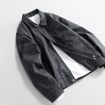 Men's Leather Bomber Jacket Classic Faux Leather Coat Casual Style