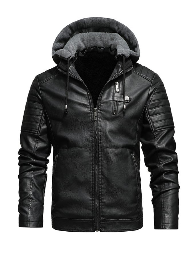 Men's Hooded Leather Effect Jacket Lined Zip-Up