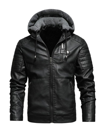 Men's Hooded Leather Effect Jacket Lined Zip-Up