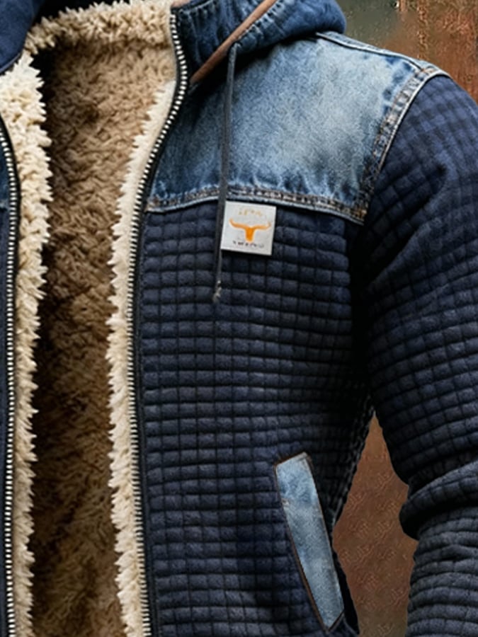 Men's Navy Quilted Jacket Denim Detail Padded