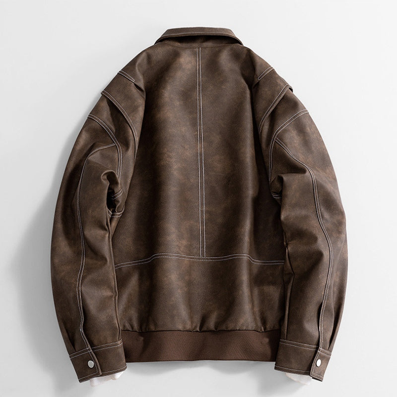 Men's Leather Bomber Jacket Classic Faux Leather Coat Casual Style