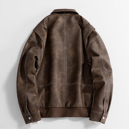 Men's Leather Bomber Jacket Classic Faux Leather Coat Casual Style