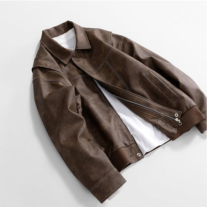 Men's Leather Bomber Jacket Classic Faux Leather Coat Casual Style