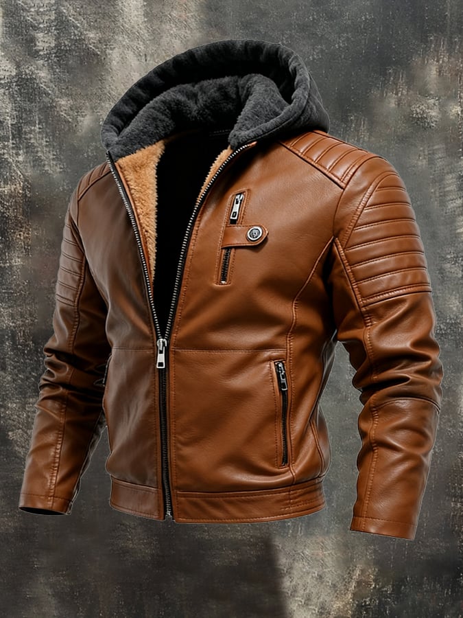 Men's Hooded Leather Effect Jacket Lined Zip-Up