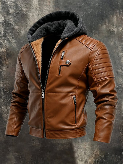 Men's Hooded Leather Effect Jacket Lined Zip-Up