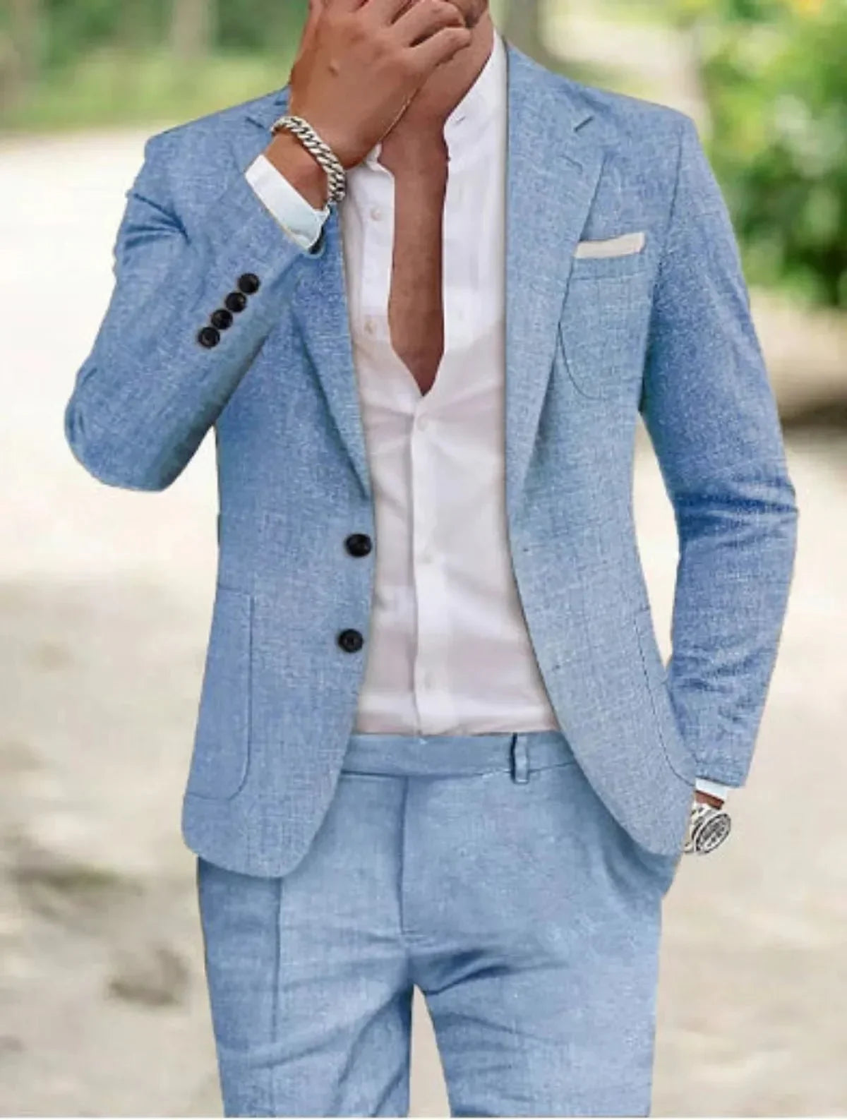Men's Linen Wedding Suit 2 Button Lightweight Summer Formal Set
