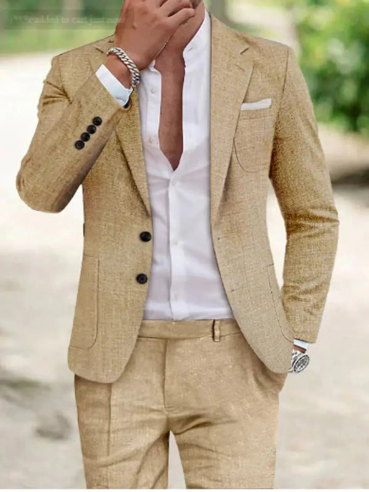 Men's Linen Wedding Suit 2 Button Lightweight Summer Formal Set