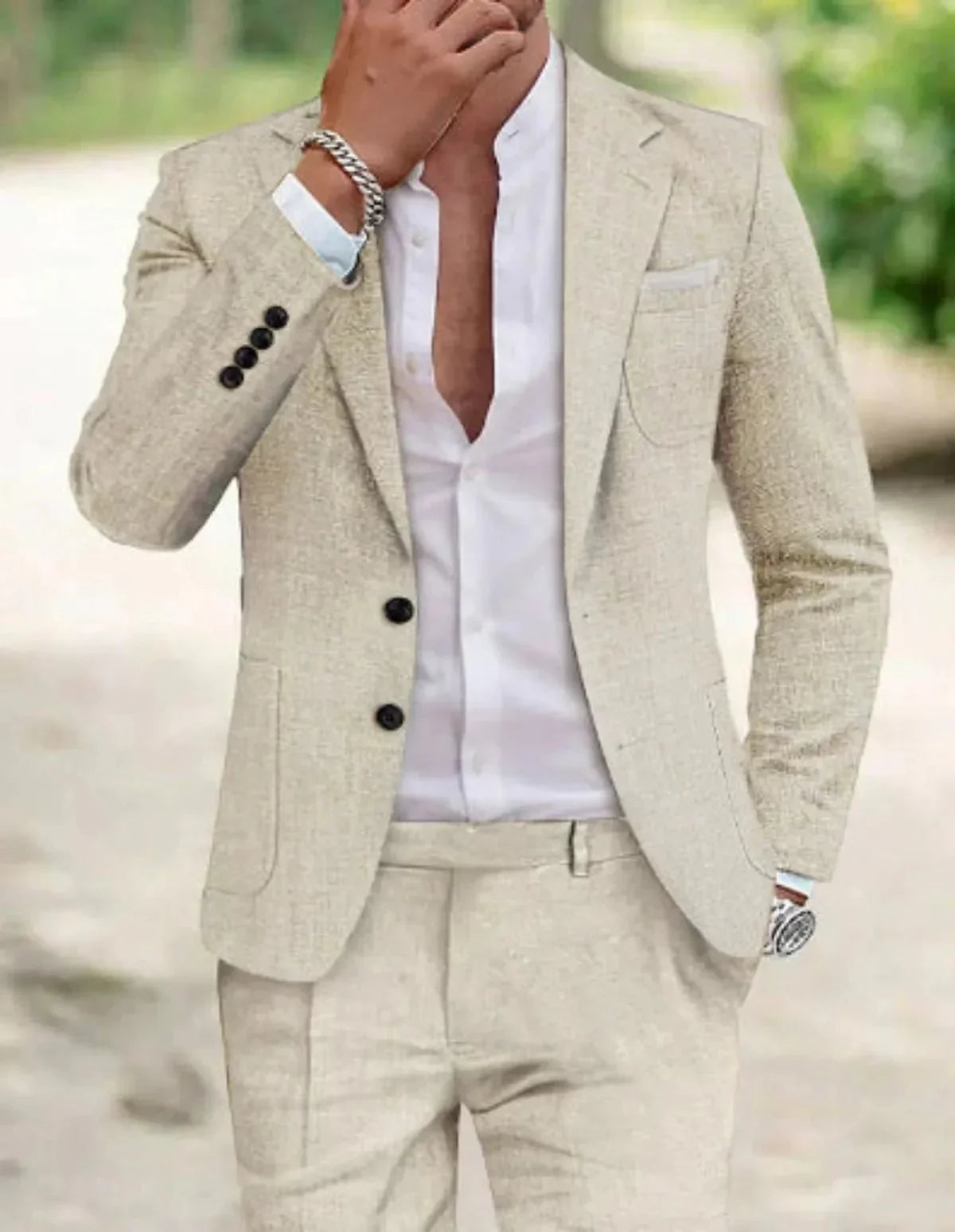 Men's Linen Wedding Suit 2 Button Lightweight Summer Formal Set