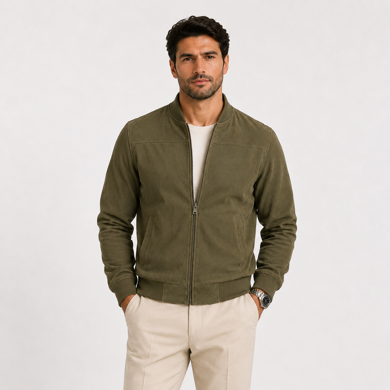Men's Bomber Jacket Neutral Suede Lightweight Casual Outerwear