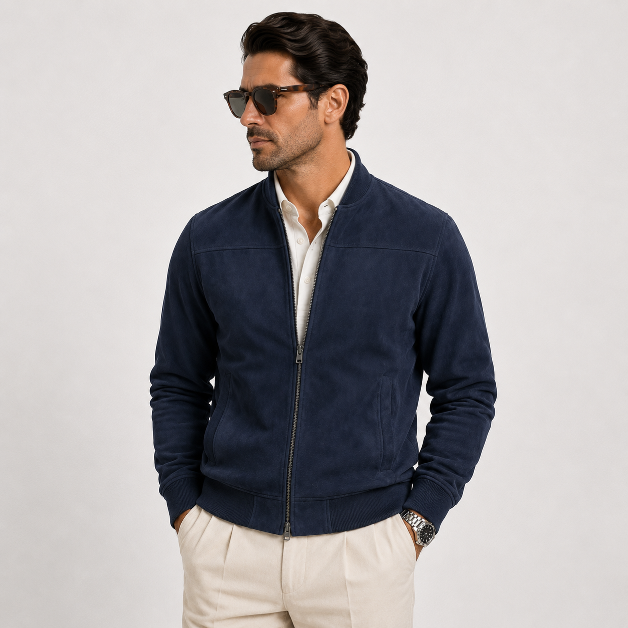Men's Bomber Jacket Neutral Suede Lightweight Casual Outerwear