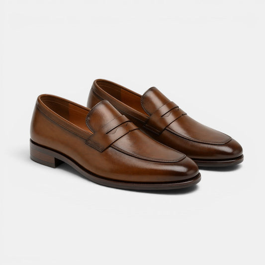 Men's Brown Loafers Cow Leather Slip-On Business Shoes