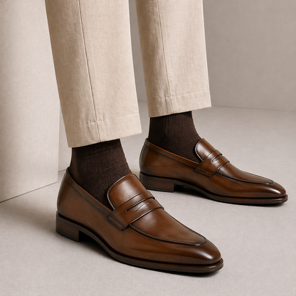 Men's Brown Loafers Cow Leather Slip-On Business Shoes