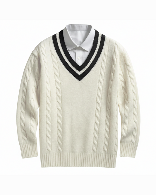 Men's Cable-Knit Cotton Blend Sweater | Classic V-Neck Ivy League Style 0