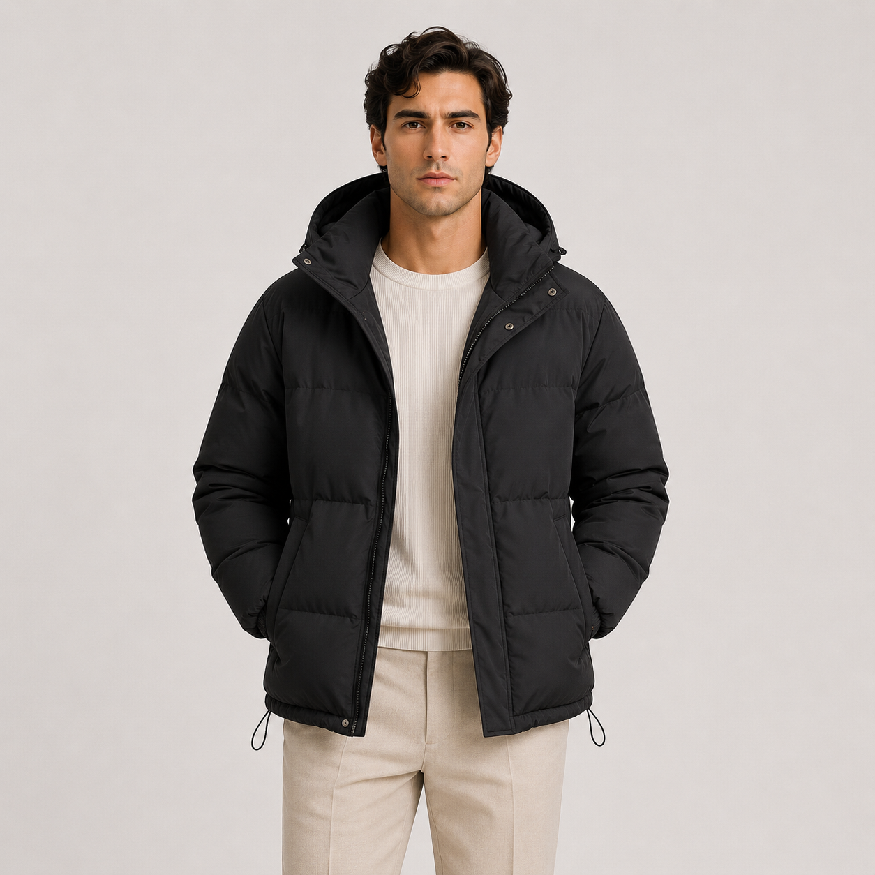 Men's Insulated Hooded Jacket Black Lightweight Polyester