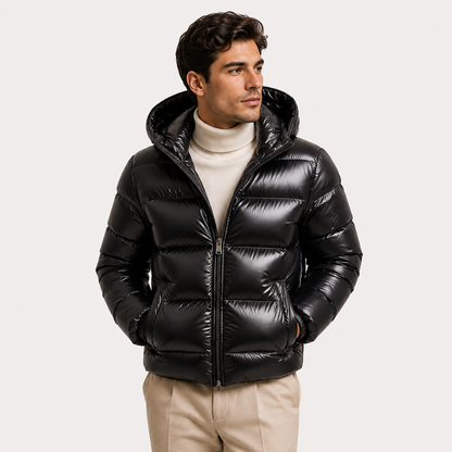 Men's Insulated Hooded Jacket Black Lightweight Polyester Winter Outerwear