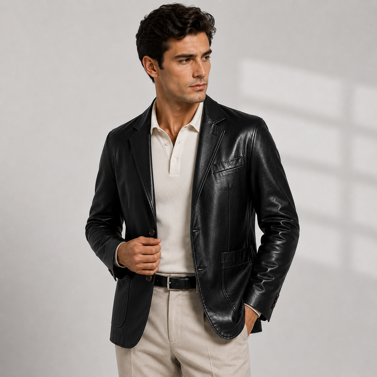 Men's Leather Look Jacket Black Synthetic Leather Classic Tailored Smart Casual