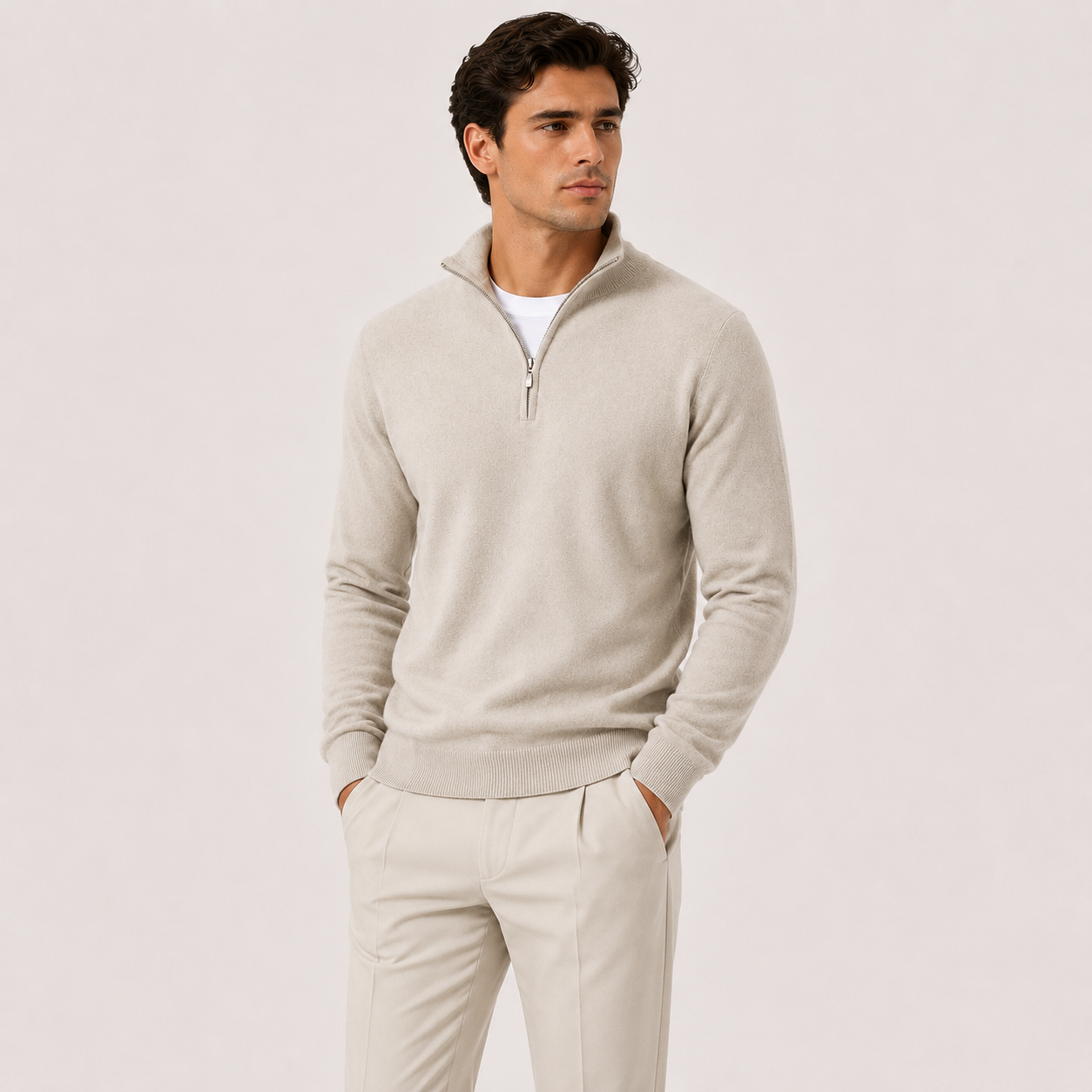 Men's Quarter Zip Sweater Lightweight Knit Pullover Classic Neutral
