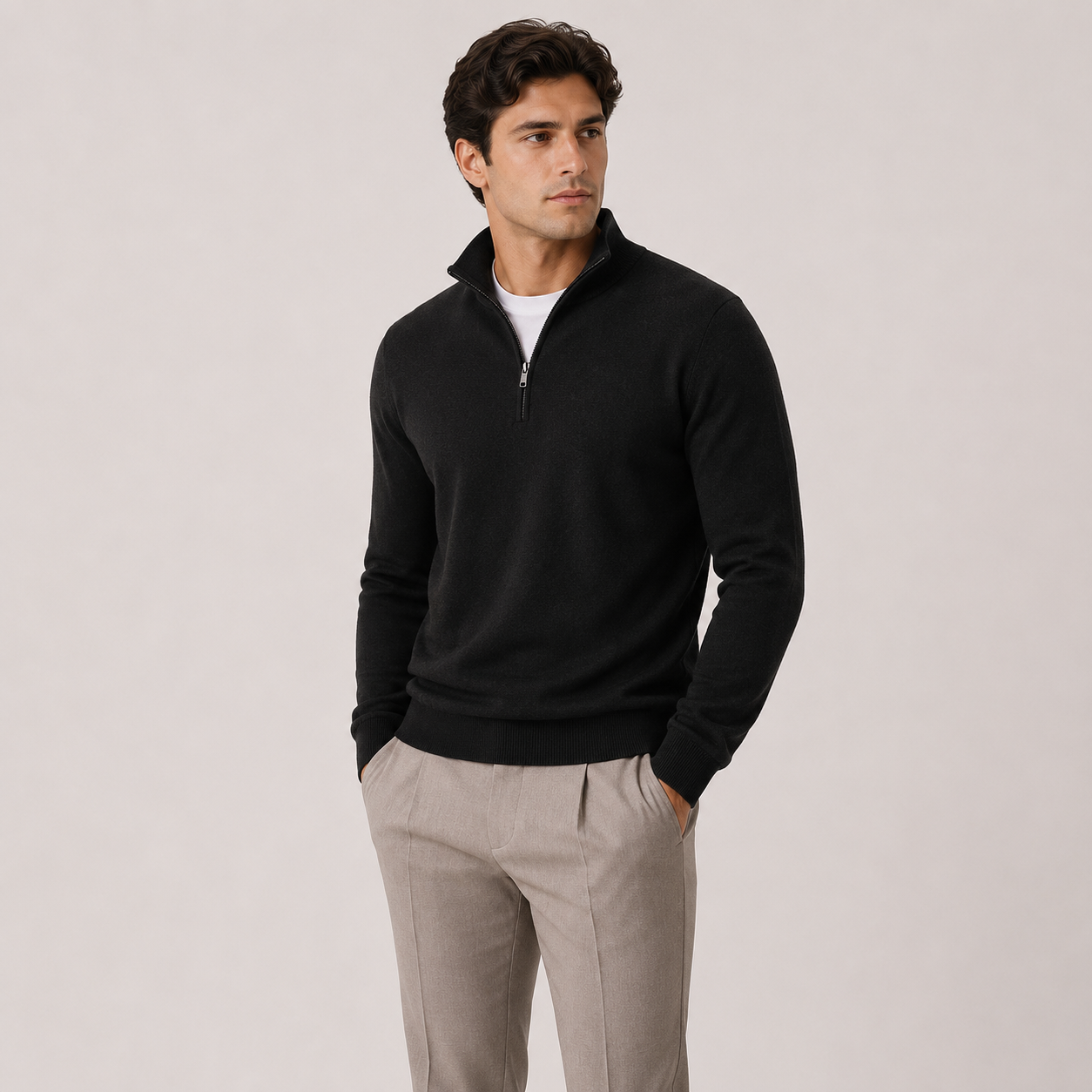Men's Quarter Zip Sweater Lightweight Knit Pullover Classic Neutral