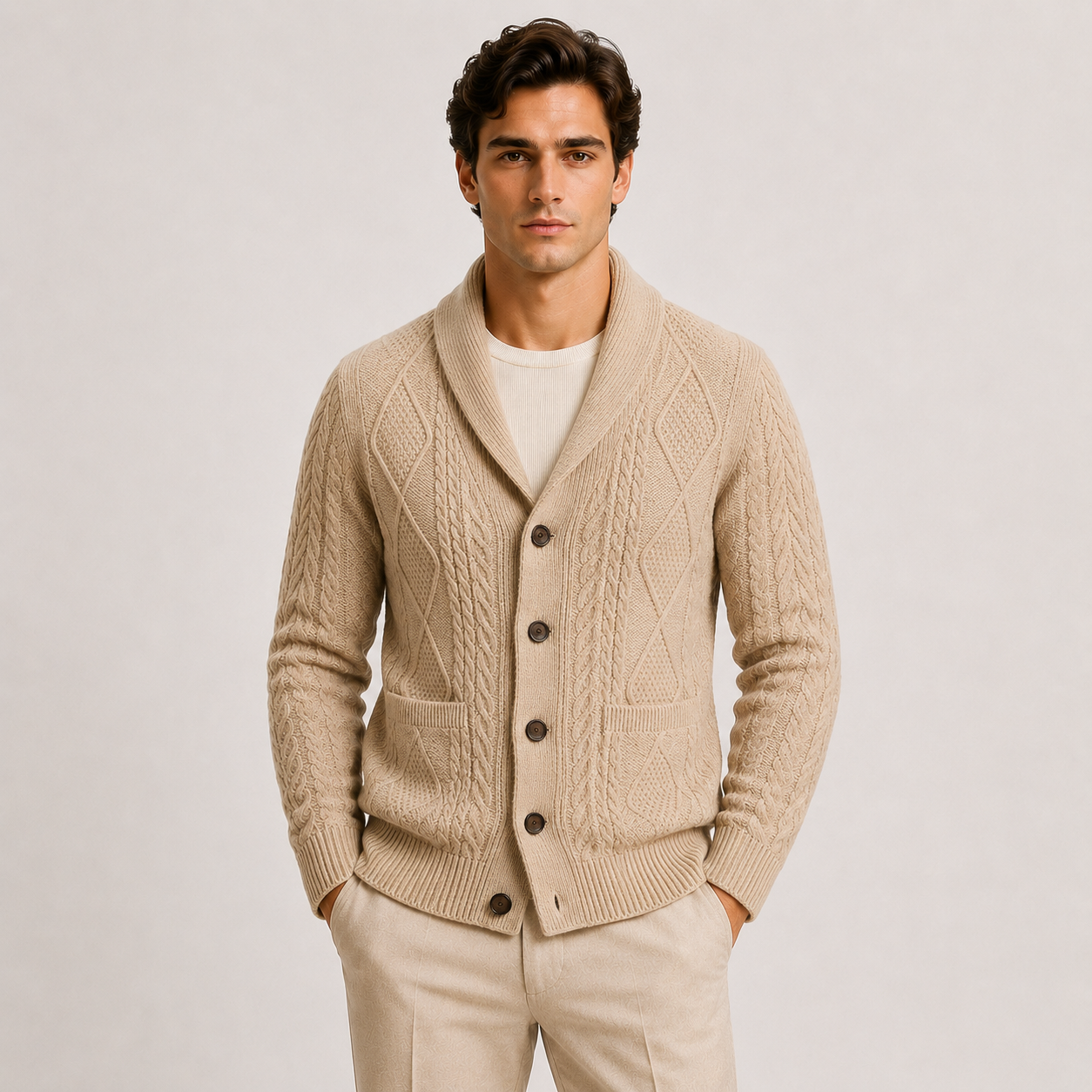 Men's Shawl Collar Cardigan Black Soft Knit Cable Knit Sweater