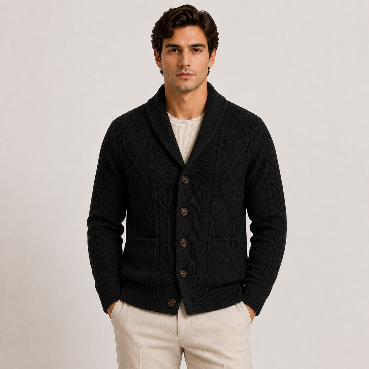 Men's Shawl Collar Cardigan Black Soft Knit Cable Knit Sweater