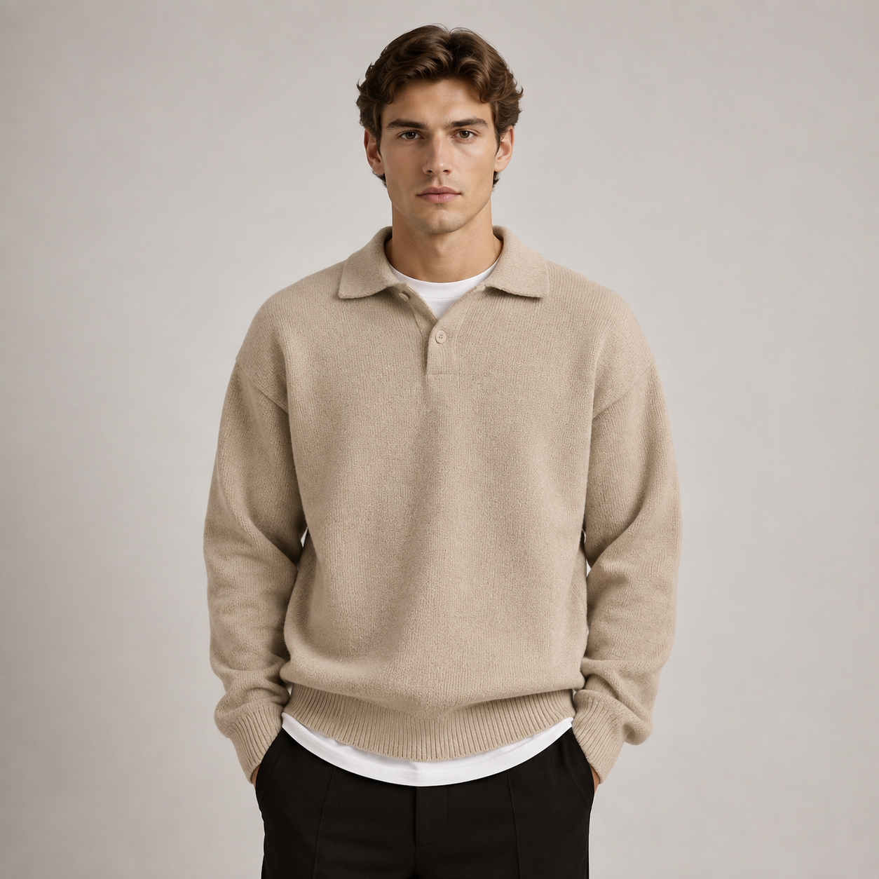 Men's Soft Knit Polo Sweater | Casual Warm Long Sleeve Top 0