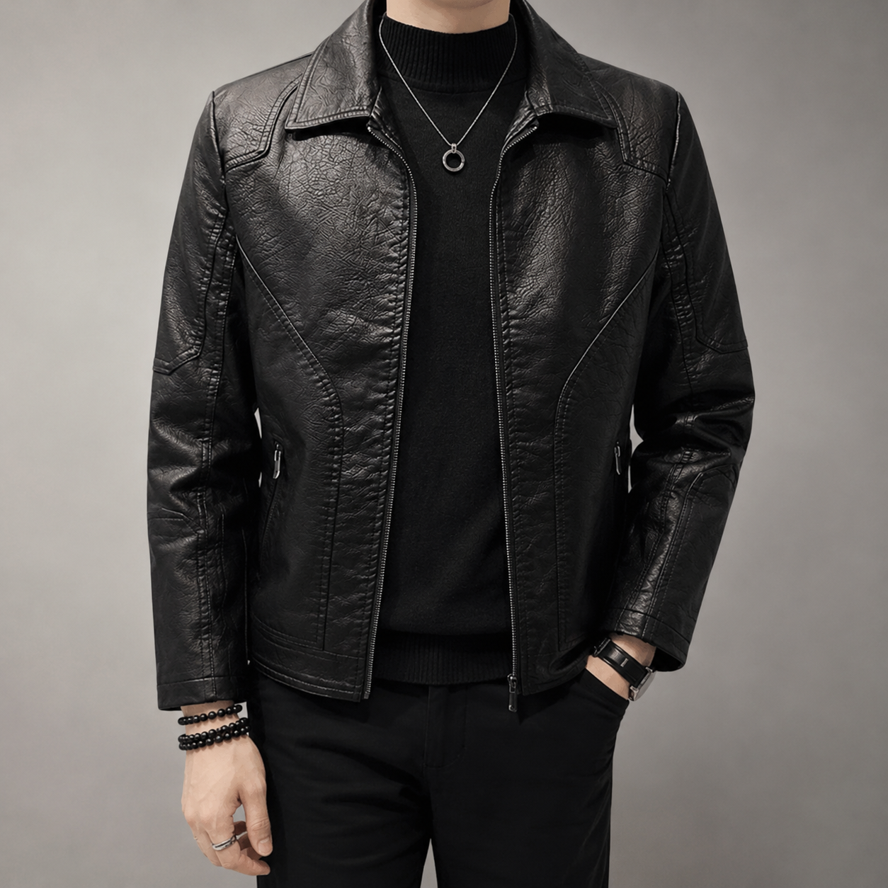 Men's Textured Faux Leather Jacket | Stylish Slim Fit Outerwear for Cool Evenings 2