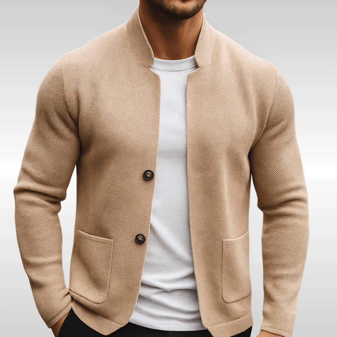 Men's Textured Knit Cardigan | Modern Slim Fit Layering Piece with Mandarin Collar 1