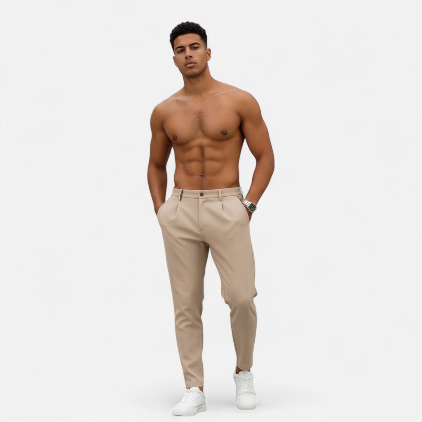 Men's Trousers Beige Wool Blend Classic Pleated Business Pants