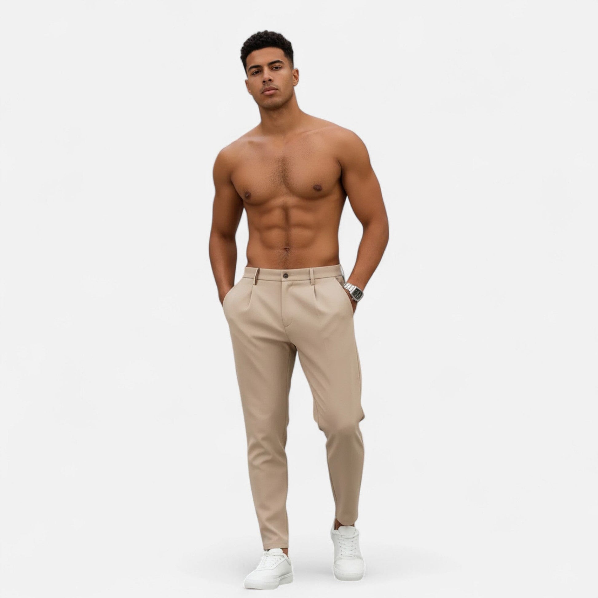 Men's Trousers Beige Wool Blend Classic Pleated Business Pants