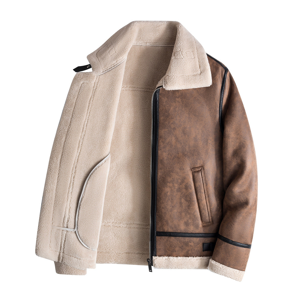 Men's Shearling Jacket Nordic Warm Winter Coat Faux Fur Lined