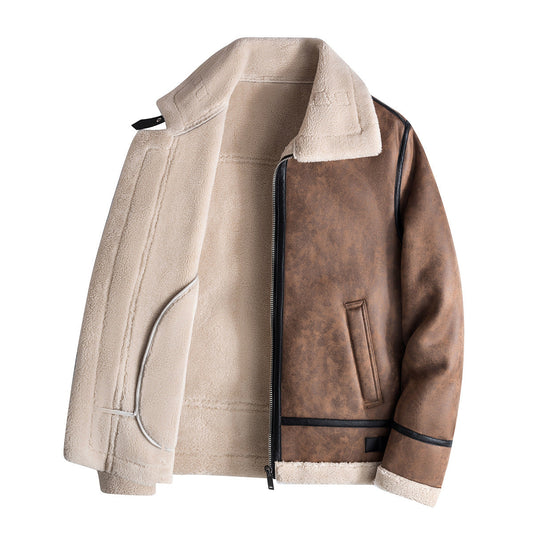 Men's Shearling Jacket Nordic Warm Winter Coat Faux Fur Lined