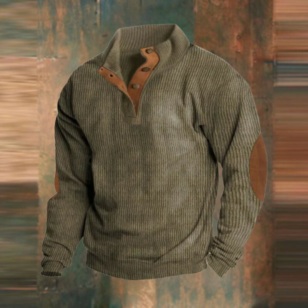 Men's Ribbed Pullover Sweater Button Collar Knit Jumper Casual