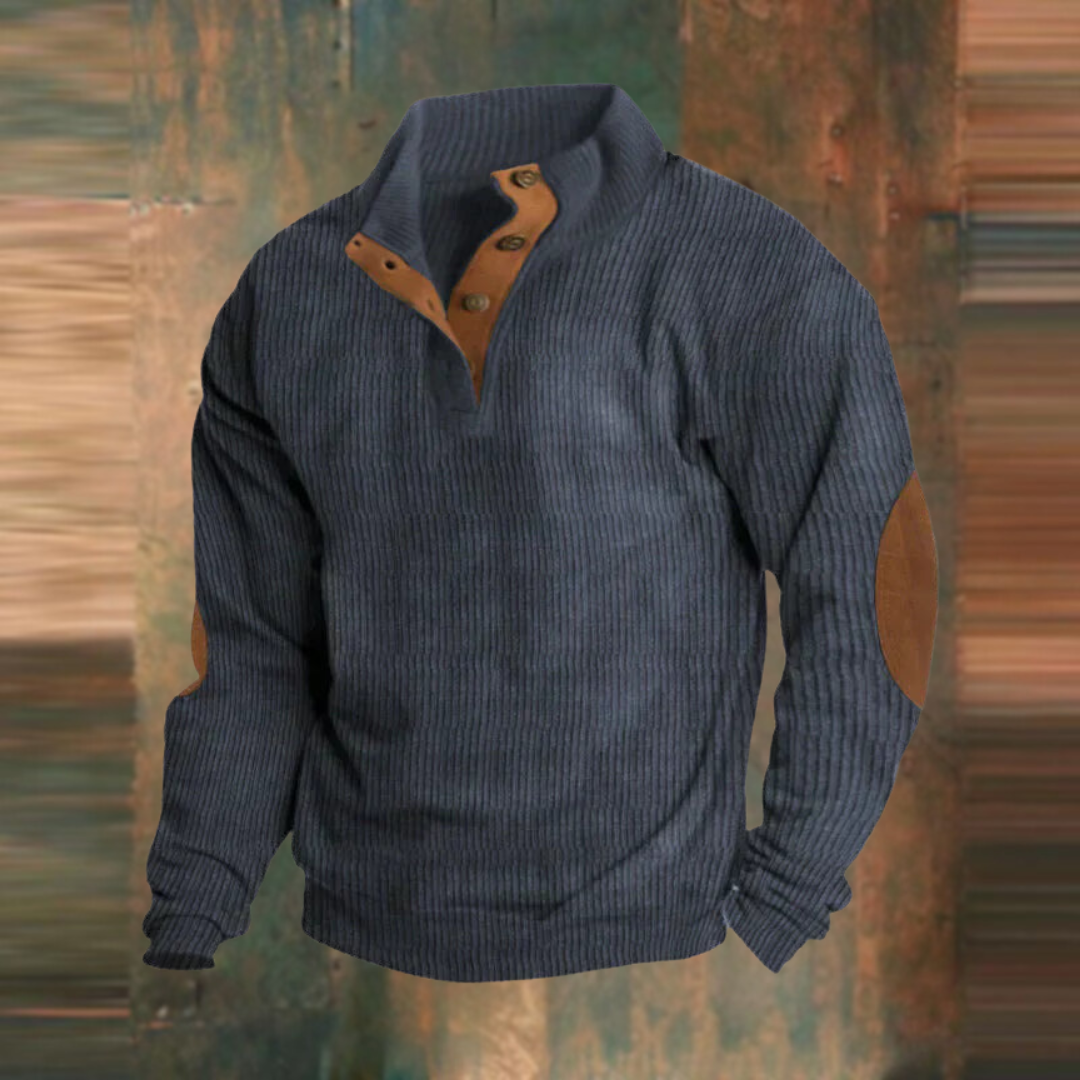 Men's Ribbed Pullover Sweater Button Collar Knit Jumper Casual