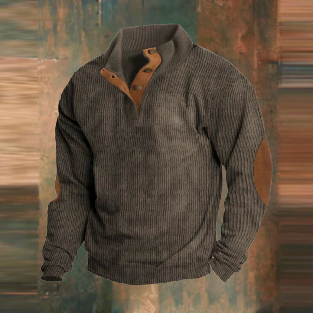 Men's Ribbed Pullover Sweater Button Collar Knit Jumper Casual