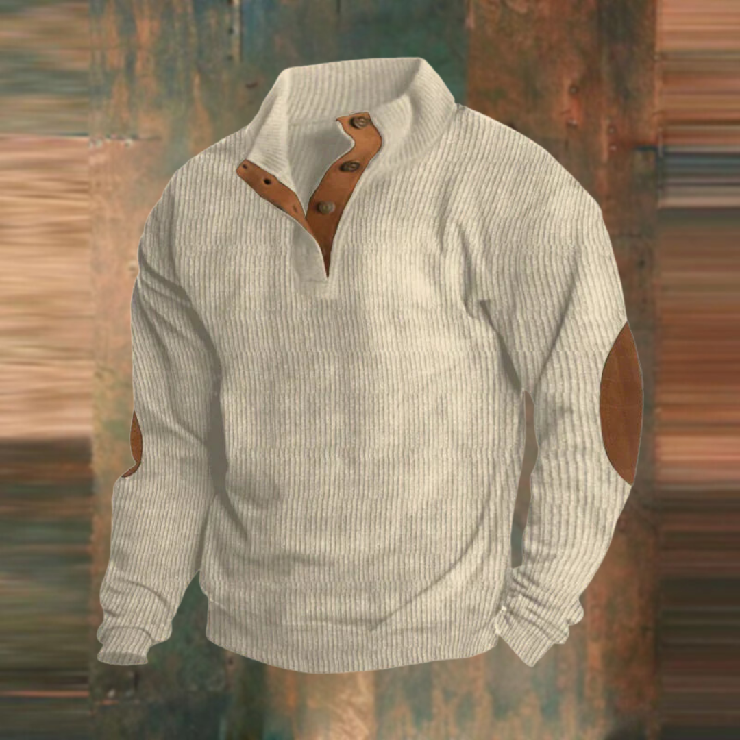 Men's Ribbed Pullover Sweater Button Collar Knit Jumper Casual