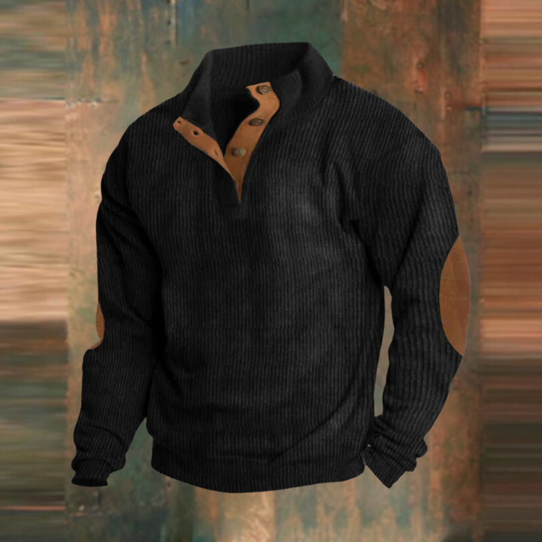 Men's Ribbed Pullover Sweater Button Collar Knit Jumper Casual