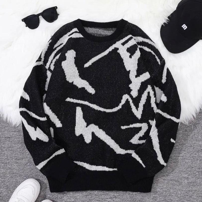 Men's Jacquard Sweater Crew Neck Graphic Knit Pullover